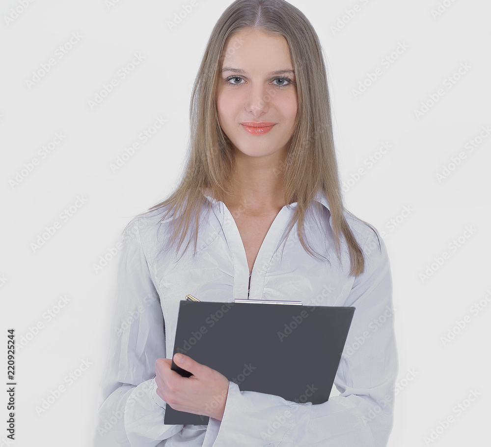 Executive business woman with documents .isolated on white Executive business woman with documents .isolated on white