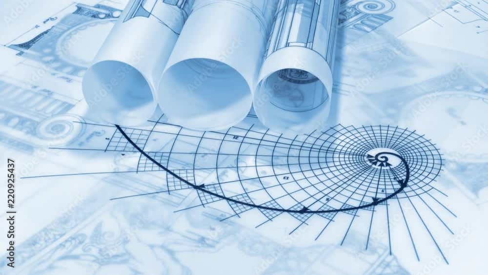 Blueprints - drawing of the golden section and drawings of antique decorative elements of architectural orders / seamless looping Blueprints - drawing of the golden section and drawings of antique decorative elements of architectural orders / seamless looping