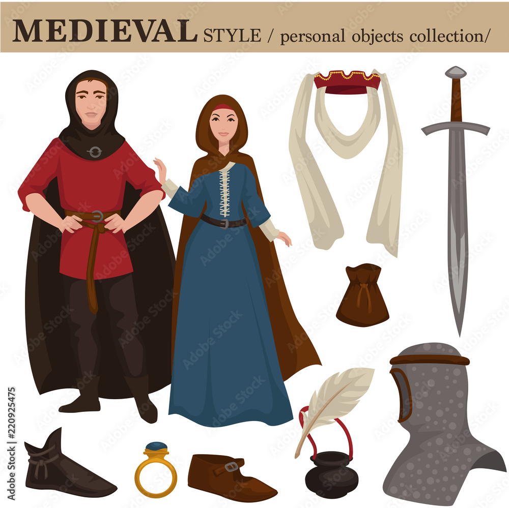 Medieval European old retro fashion style of man knight and woman clothes garments and personal accessories.