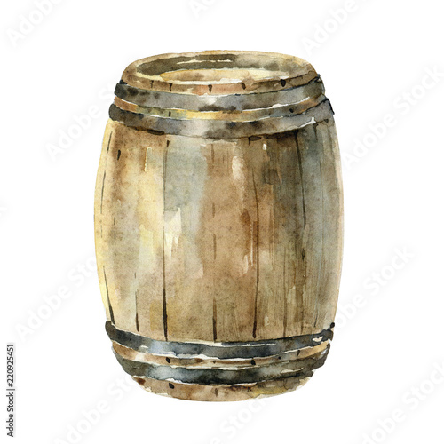 Fényképezés Watercolor wooden wine barrel isolated on white background