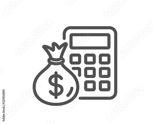 Calculator with money bag line icon. Accounting sign. Calculate finance symbol. Quality design element. Classic style. Editable stroke. Vector