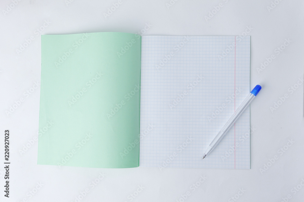 close up.open school notebook in a cage and a ballpoint pen .photo with copy space close up.open school notebook in a cage and a ballpoint pen .photo with copy space