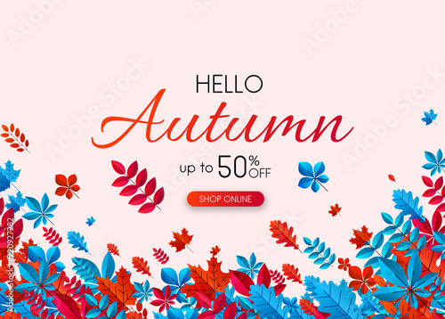 Hello autumn 50% sale. Promo card with colorful leaves.