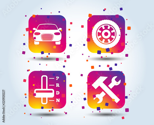 Transport icons. Car tachometer and automatic transmission symbols. Repair service tool with wheel sign. Colour gradient square buttons. Flat design concept. Vector