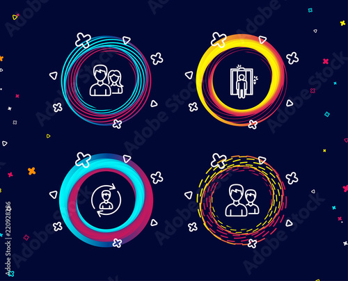 Set of Human resources, Elevator and Teamwork icons. Couple sign. Update profile, Lift, Man with woman. Two male users.  Circle banners with line icons. Gradient colors shapes. Vector