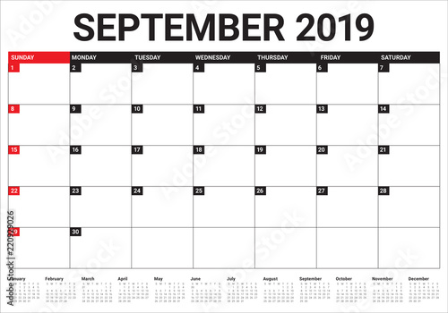 September 2019 desk calendar vector illustration
