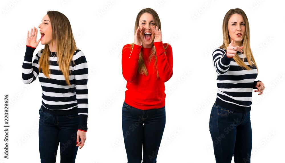 Fototapeta premium Set of Young blonde woman shouting with mouth wide open