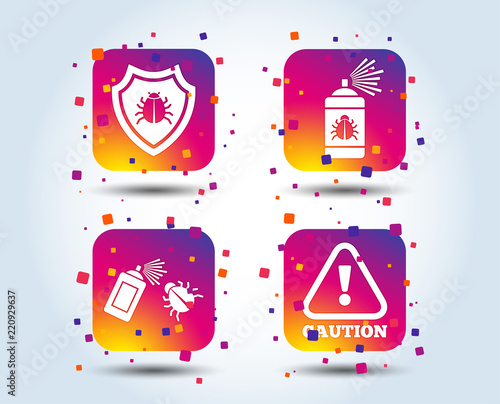 Bug disinfection icons. Caution attention and shield symbols. Insect fumigation spray sign. Colour gradient square buttons. Flat design concept. Vector