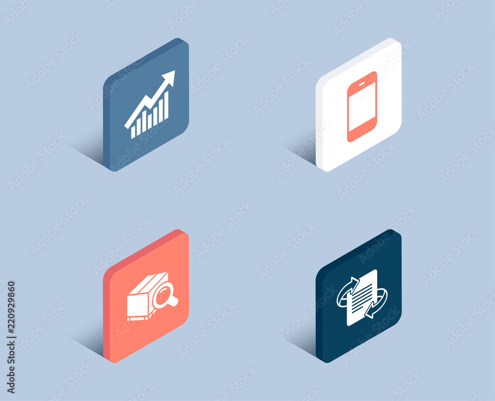 Set of Demand curve, Search package and Smartphone icons. Marketing sign. Statistical report, Tracking service, Cellphone or phone. Article. 3d isometric buttons. Flat design concept. Vector Set of Demand curve, Search package and Smartphone icons. Marketing sign. Statistical report, Tracking service, Cellphone or phone. Article. 3d isometric buttons. Flat design concept. Vector
