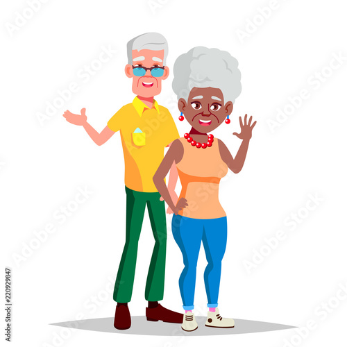 Elderly Couple Vector. Modern Grandparents. Elderly Family. Grey-haired Characters. Black, Afro American, European. Isolated Flat Cartoon Illustration