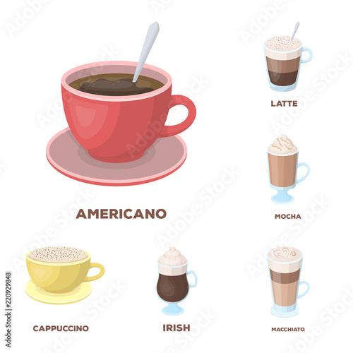 Different kinds of coffee cartoon icons in set collection for design. Coffee drink vector symbol stock web illustration.