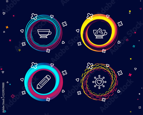 Set of Pencil, Dry cappuccino and Espresso cream icons. Dating network sign. Edit data, Beverage mug, Cafe con panna. Relationships network.  Circle banners with line icons. Gradient colors shapes