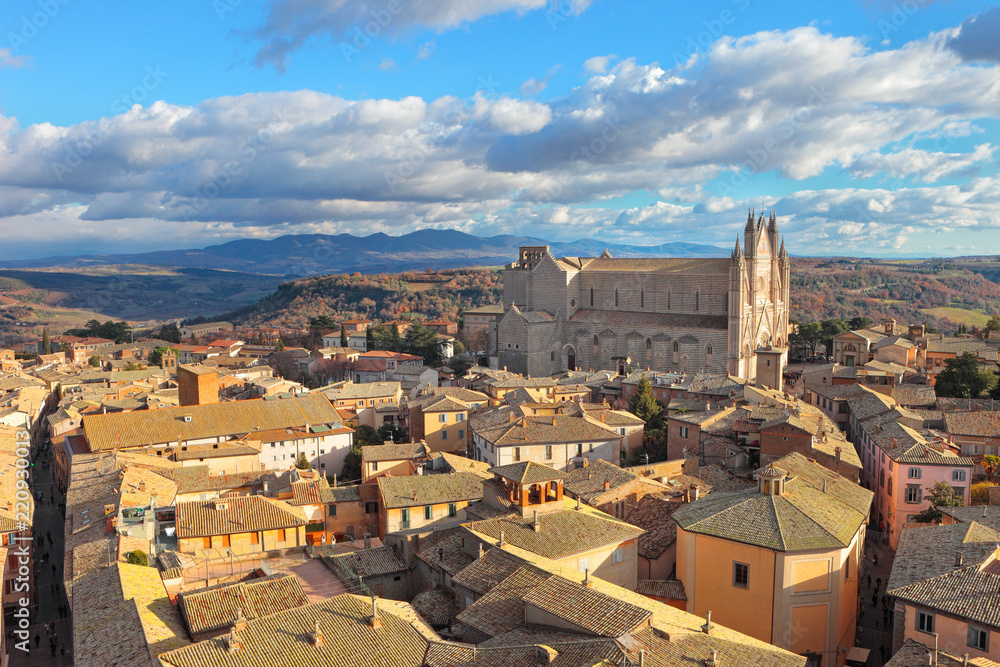 Orvieto, large aerial view of historical town with Cathedral, Umbria, Italy