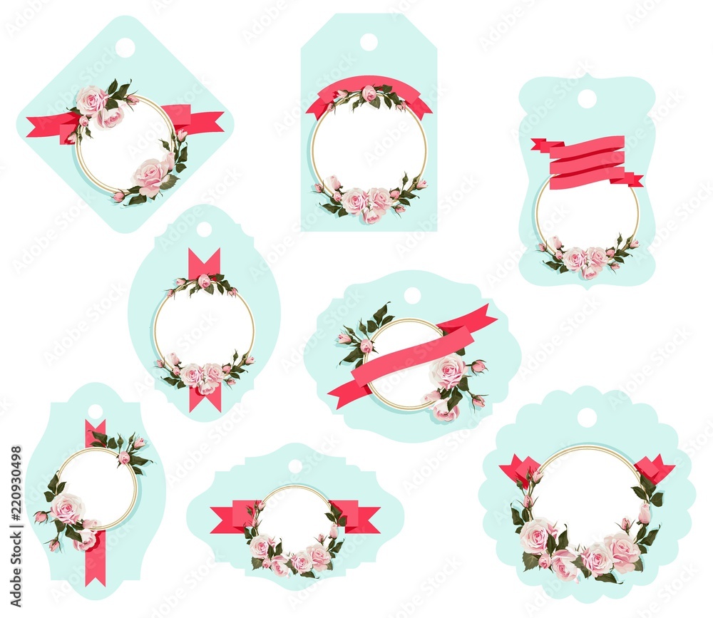 Flowered Gift Tag Shapes vector clip art isolated luggage tag with roses decorative labels