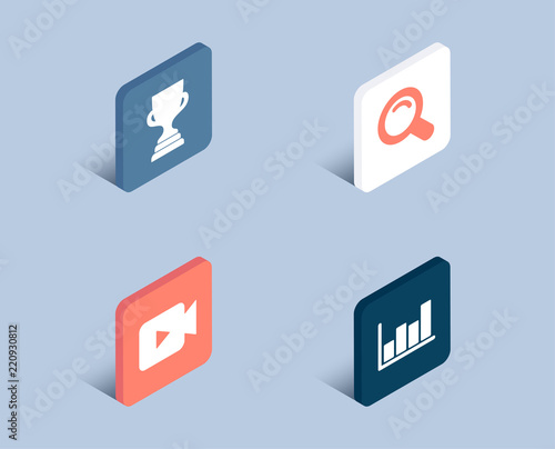 Set of Video camera, Search and Award cup icons. Report diagram sign. Movie or cinema, Magnifying glass, Trophy. Financial market.  3d isometric buttons. Flat design concept. Vector