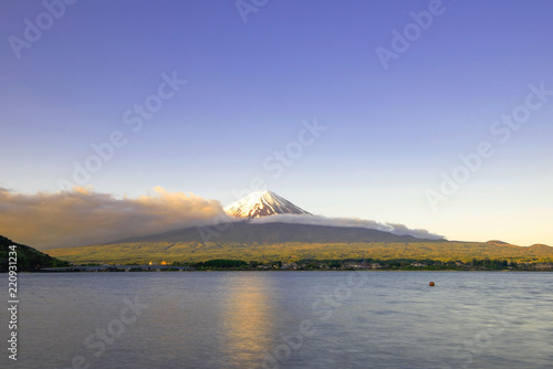 Mountain fuji and clouds and lake kawaguchi at morning at yamanachi in Japan .