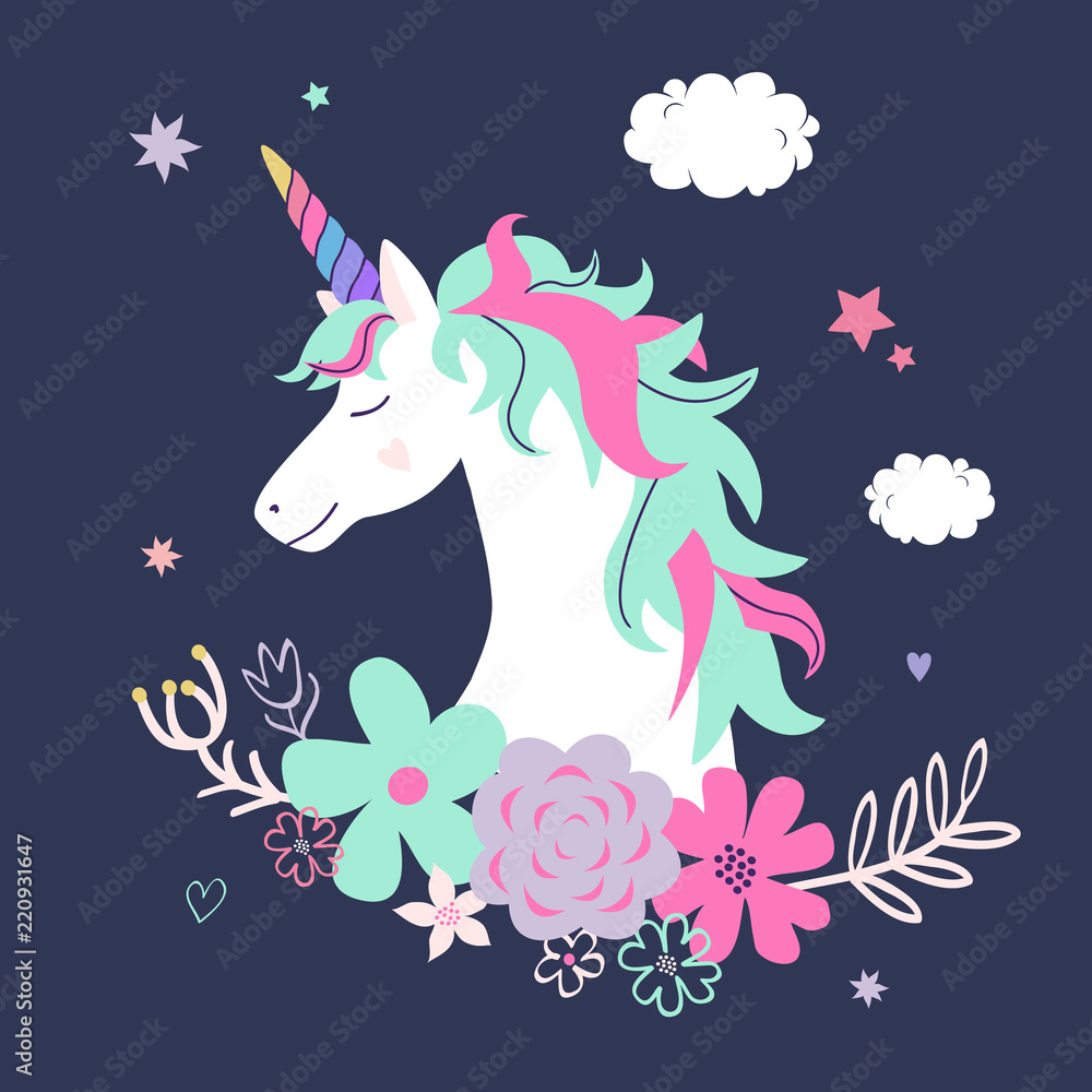 Vector cute illustration of unicorn with flowers. Modern magical greeting card or poster.