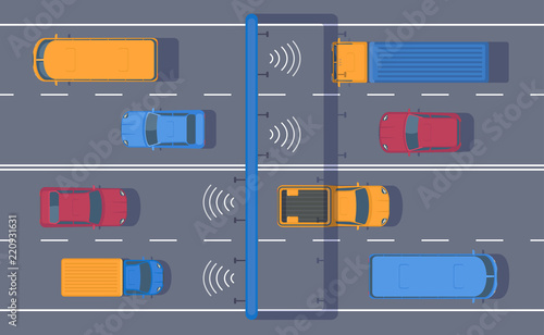 Wireless automated toll collection on highway. Checkpoint on the toll road. Different car on road. Top view vector illustration.