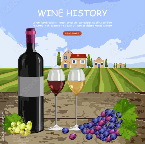 Wine history card with full glasses and bottle Vector. Vineyard backgrounds