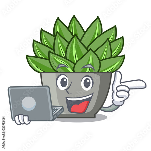 With laptop character cartoon pot plant echeveria cactus