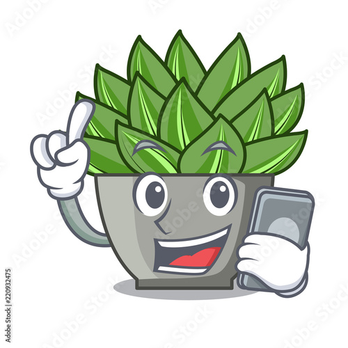 With phone character cartoon pot plant echeveria cactus