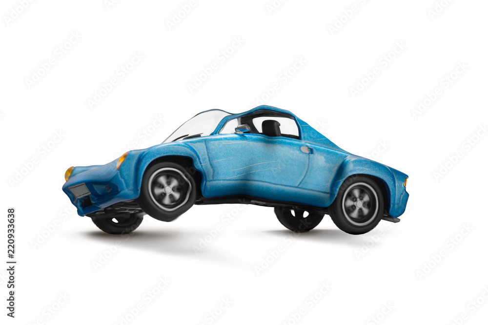 Blue car accident with damage scene, Car crash insurance. Travel, Safety, Transport and Traffic accident concept. Isolated on white background.