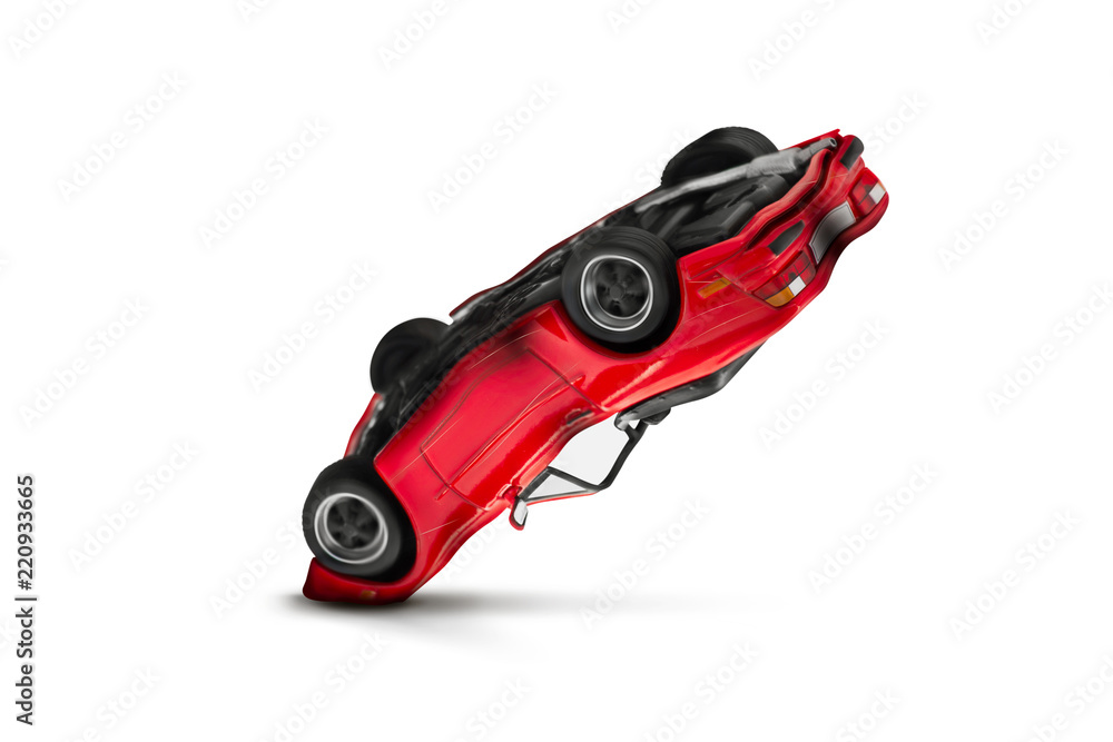 Red car accident with damage scene, Car crash insurance. Travel, Safety, Transport and Traffic accident concept. Isolated on white background. Red car accident with damage scene, Car crash insurance. Travel, Safety, Transport and Traffic accident concept. Isolated on white background.