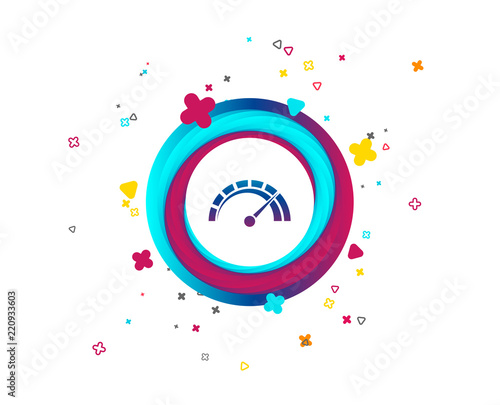 Tachometer sign icon. Revolution-counter symbol. Car speedometer performance. Colorful button with icon. Geometric elements. Vector
