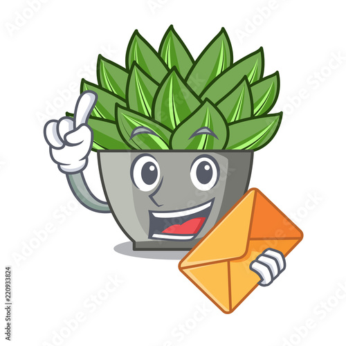 With envelope view of green echeveria cactus cartoon