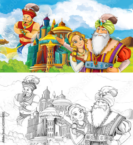 cartoon scene with happy young girl and boy - princess and prince near the castle - illustration for children