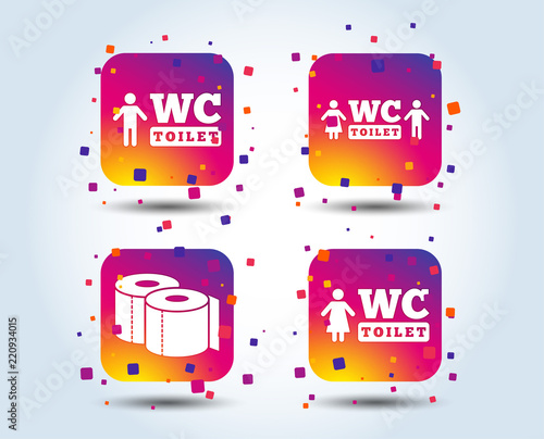 Toilet paper icons. Gents and ladies room signs. Man and woman symbols. Colour gradient square buttons. Flat design concept. Vector