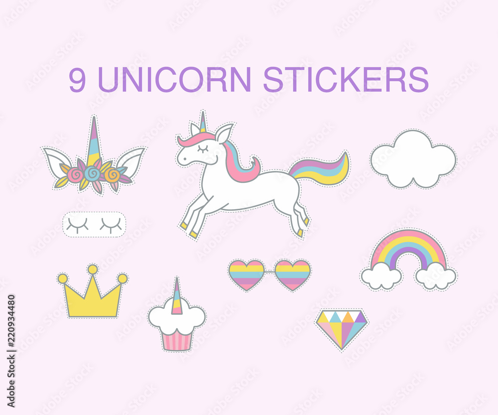 9 unicorn stickers, vector design for greeting, birthday, invitation card, Unicorn, rainbow, sweets and other objects with light pink background. 9 unicorn stickers, vector design for greeting, birthday, invitation card, Unicorn, rainbow, sweets and other objects with light pink background.