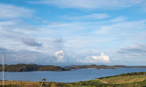 Wide angle view of the mainly uninhabited Summer Isles, taken from the mainland, north of Polbain on the west coast of Scotland. 