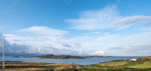 Wide angle view of the mainly uninhabited Summer Isles  taken from the mainland  north of Polbain on the west coast of Scotland. 