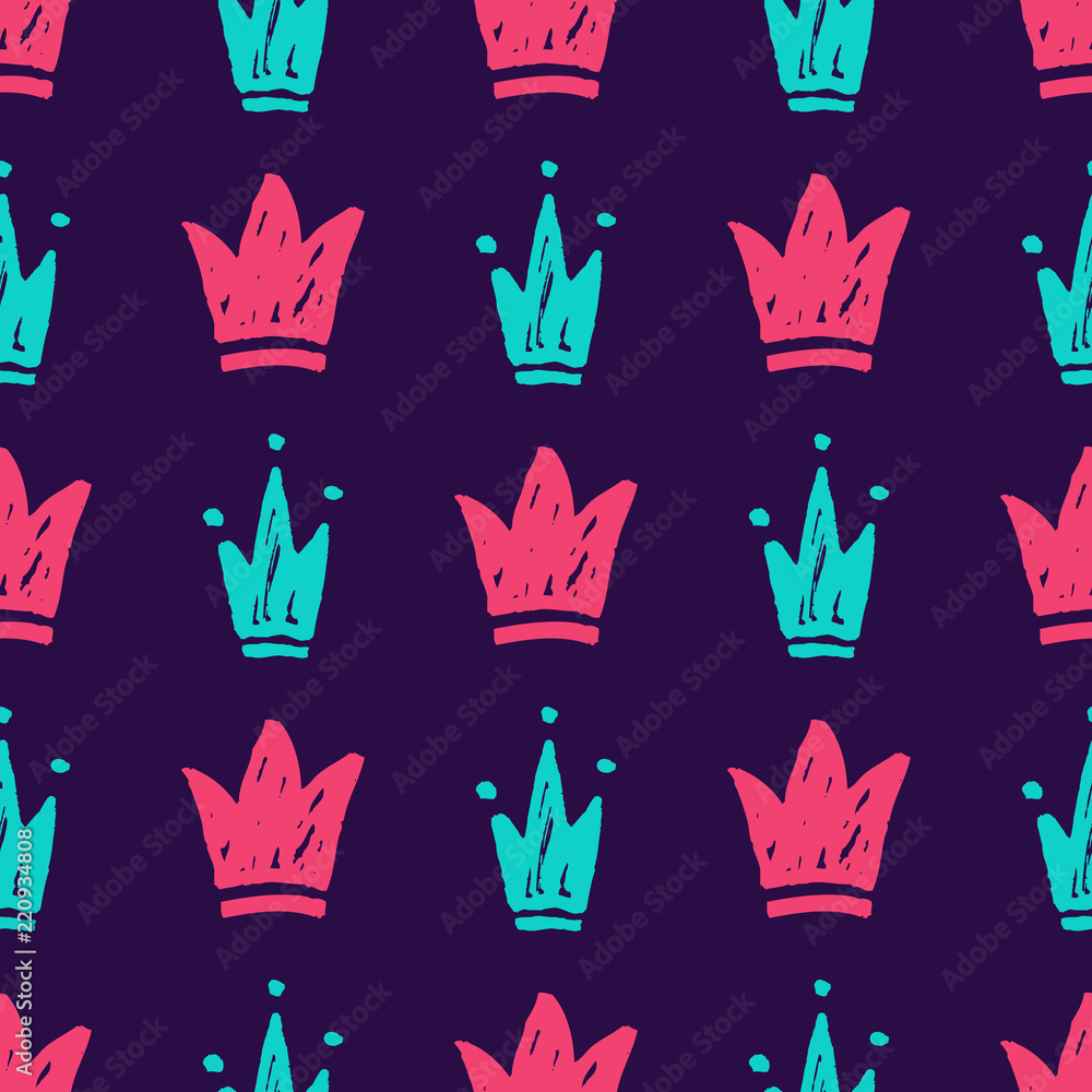 Fototapeta premium Vector seamless pattern with abstract hand drawn silhouettes of crowns