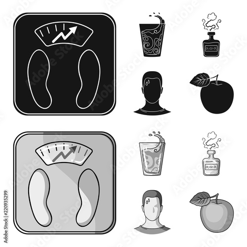 A glass of water, a bottle of alcohol, a sweating man, an apple. Diabeth set collection icons in black,monochrome style vector symbol stock illustration web.