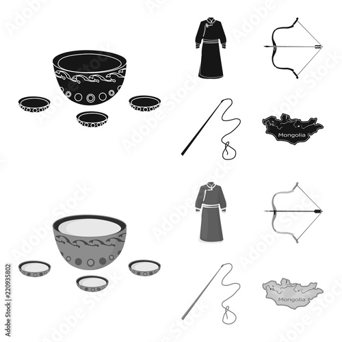 .mongol dressing gown, battle bow, theria on the map, Urga, Khlyst. Mongolia set collection icons in black,monochrome style vector symbol stock illustration web.