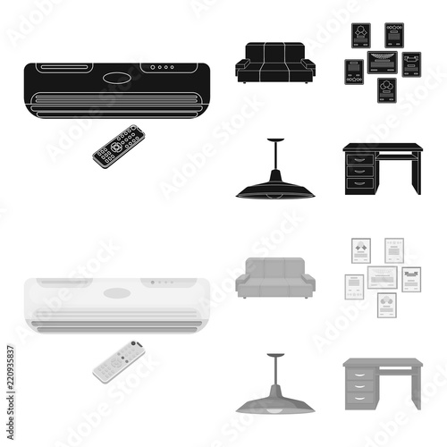 Comfortable sofa, letters and diplomas within the framework, an office ceiling lamp, a desk with drawers. Office Furniture set collection icons in black,monochrome style vector symbol stock