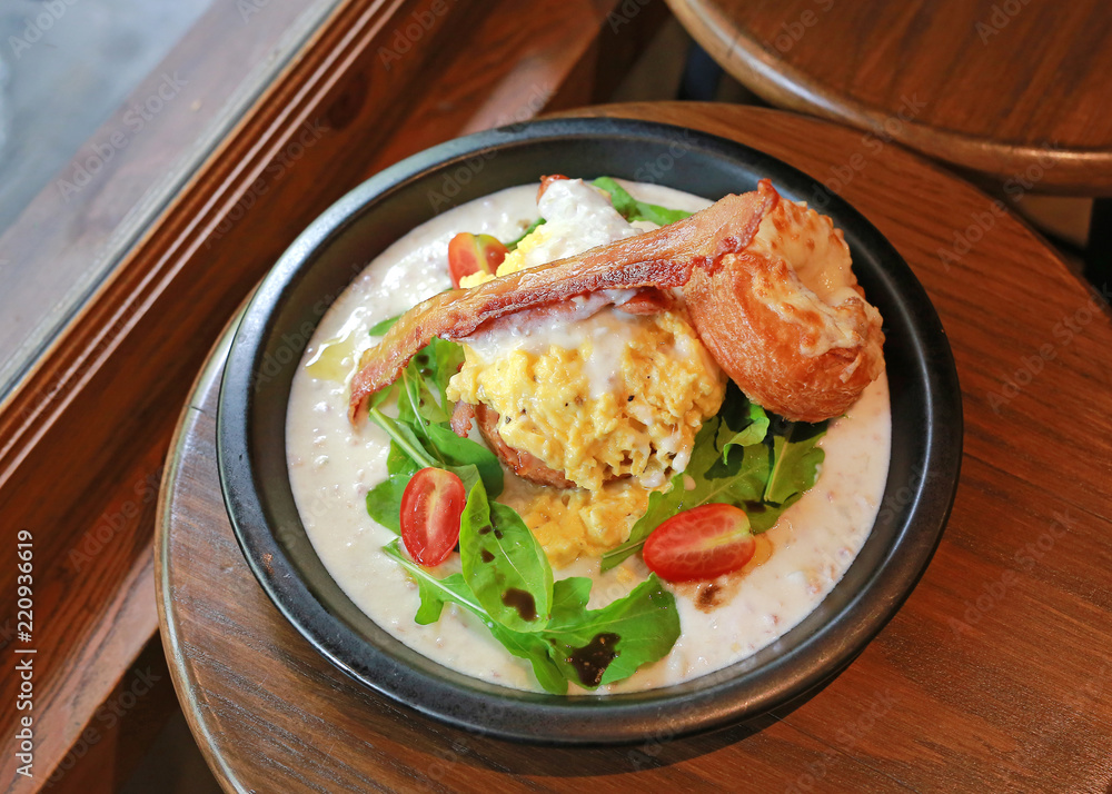 Breakfast meal, Scrambled eggs with fried bacon. Breakfast meal, Scrambled eggs with fried bacon.