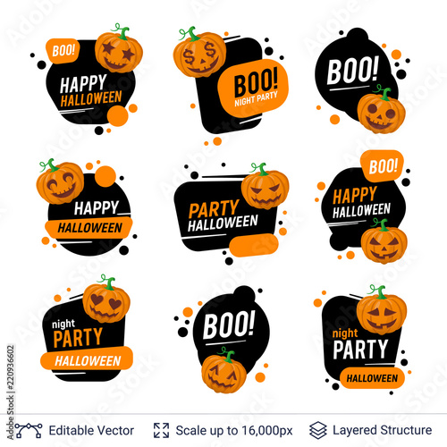 Halloween badges set. Carved pumpkins and text.