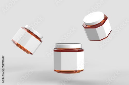 Honey in jar mock up isolated on soft gray background with white label. 3D illustration