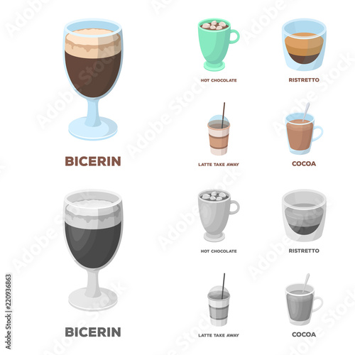 Ristretto, hot chocolate, latte take-away.Different types of coffee set collection icons in cartoon,monochrome style vector symbol stock illustration web.