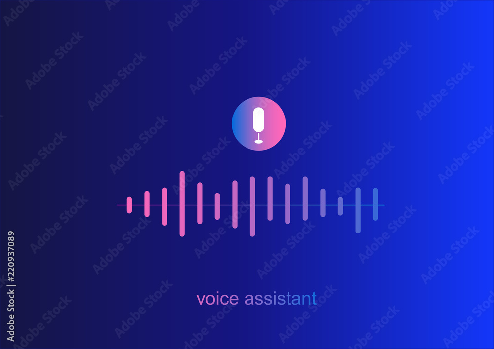 Fototapeta premium Personal assistant,voice intelligent technologies,recognition concept.Vector illustration of sound symbol intelligent technologies.Microphone button with voice and sound imitation line.gradient 