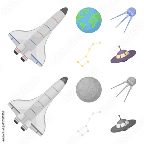 Planet Earth with continents and oceans, flying satellite, Ursa Major, UFO. Space set collection icons in cartoon,monochrome style vector symbol stock illustration web.