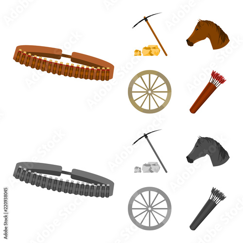 Pickax hoe, horse head, wheel cart, quiver with arrows.Wild west set collection icons in cartoon,monochrome style vector symbol stock illustration web.