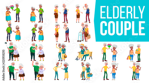 Elderly Couple Set Vector. Grandpa With Grandmother. Lifestyle. Elderly Family. Grey-haired Characters. Social Concept. Senior. Couple Of Elderly People. Afro American, European. Isolated Flat Cartoon
