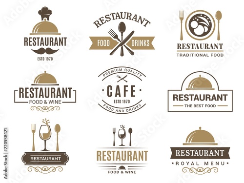 Vintage logotypes and various symbols for design of restaurant menu. Label and logo cafe vintage, badge and emblem cafe. Vector illustration