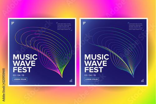 	
2 Music wave poster design. Sound flyer with abstract gradient line waves. Isolated vector illustration.