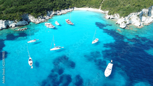 Aerial drone bird s eye view photo of iconic tropical paradise beaches of Voutoumi and Vrika with turquoise clear sea  Antipaxos island  Ionian  Greece
