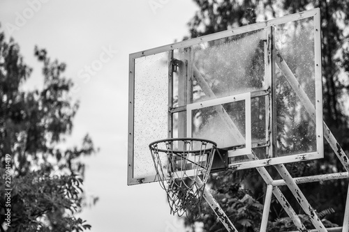 Black and white of Old basketball hoop
